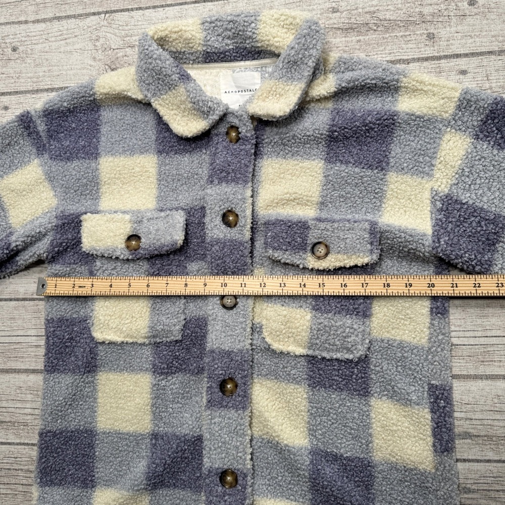 Aeropostale Shacket Women's Medium Blue Cream Plaid Sherpa Fleece Lined Utility - Picture 3 of 5